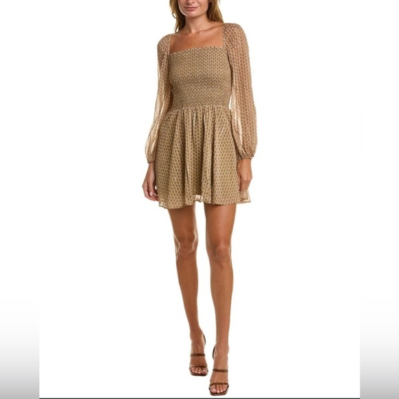 Kourt Calypso Women Tan Smocked Geometric Puff Sheer Sleeve Dress Size Medium - Picture 2 of 8